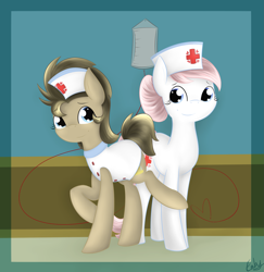 Size: 2539x2616 | Tagged: safe, artist:lilliesinthegarden, doctor whooves, nurse redheart, clothes, followers, hat, hospital, nurse, nurse turner, tumblr, uniform