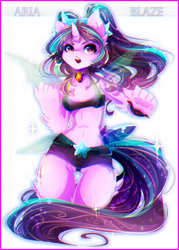 Size: 1591x2222 | Tagged: safe, artist:koveliana, aria blaze, anthro, unicorn, equestria girls, rainbow rocks, belly button, chromatic aberration, clothes, color porn, female, mare, midriff, shorts, solo, tanktop