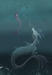 Size: 2093x3000 | Tagged: safe, artist:jenndylyon, aria blaze, sonata dusk, siren, boat, sirens doing siren things, underwater