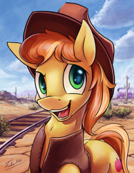 Size: 699x900 | Tagged: safe, artist:tsitra360, braeburn, earth pony, pony, braebetes, bust, cactus, clothes, desert, friendship express, happy, hat, looking at you, open mouth, portrait, railroad, solo, train, vest