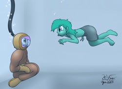 Size: 1280x932 | Tagged: safe, artist:the-furry-railfan, surprise, oc, oc only, oc:crash dive, oc:depth charge, boots, bubble, clothes, diving, diving suit, equestria girls-ified, gloves, helmet, holding breath, kneeling, swimming, swimming pool, trunks, underwater