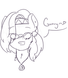 Size: 1210x1390 | Tagged: safe, artist:mrrowboat, oc, oc only, oc:paige, blushing, earring, glasses, groovy, hair over one eye, headband, heart, hippie, monochrome, piercing, speech bubble