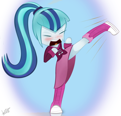 Size: 3280x3155 | Tagged: safe, artist:vipeydashie, sonata dusk, equestria girls, action pose, blushing, kick, solo