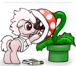 Size: 1500x1311 | Tagged: safe, artist:smudge proof, oc, oc only, clothes, commission, crossover, doctor, floppy ears, frown, lab coat, nintendo, notepad, open mouth, pencil, piranha plant, playing doctor, plot, super mario bros., this will end in tears and/or death