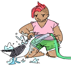 Size: 697x646 | Tagged: safe, artist:nobody, babs seed, human, :t, barefoot, bath, booby, clothes, feet, frown, hose, humanized, kneeling, pun, shorts, solo, unamused, undercut, visual pun, washing, water