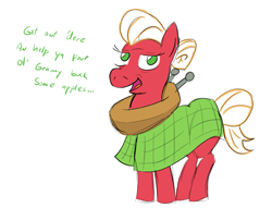 Size: 997x806 | Tagged: safe, artist:jargon scott, big macintosh, macareina, dialogue, elderly, hair bun, older, rule 63, shawl, solo, too many macareinas