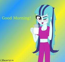 Size: 600x575 | Tagged: dead source, safe, artist:cbear624, sonata dusk, equestria girls, alternate hairstyle, belly button, cleavage, clothes, cup, dialogue, female, loose hair, messy hair, midriff, morning after, pajamas, solo