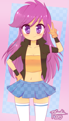 Size: 623x1099 | Tagged: safe, artist:riouku, scootaloo, human, belly button, cleavage, clothes, female, humanized, looking at you, midriff, older, peace sign, skirt, skirtaloo, smiling, solo, teenager