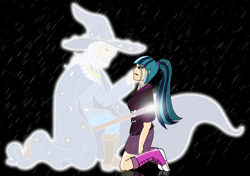 Size: 3404x2398 | Tagged: safe, artist:westphalianartist, sonata dusk, star swirl the bearded, ghost, siren, equestria girls, crying, hallucination, hat, kneeling, rain, robes, sad, soaked, the dazzlings, vision, wet