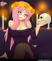 Size: 1083x1265 | Tagged: safe, alternate version, artist:clouddg, fluttershy, human, equestria girls, bare shoulders, big breasts, breasts, calaverita, candle, cempasúchil, cleavage, clothes, dia de los muertos, dress, face paint, female, holiday, hootershy, humanized, looking at you, signature, skull, solo