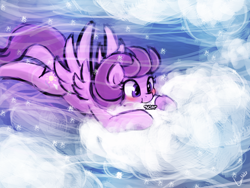 Size: 960x720 | Tagged: safe, artist:lumineko, clear skies, tanks for the memories, 30 minute art challenge, blushing, cloud, cloudy, nom, solo