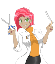 Size: 1300x1500 | Tagged: safe, artist:janji009, babs seed, human, bloom and gloom, boobs seed, breasts, clothes, female, freaky fred, humanized, lab coat, older, razor, scissors, solo, stupid sexy babs seed, sweeney todd