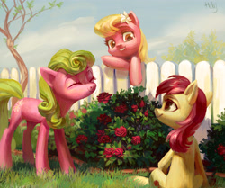 Size: 3988x3329 | Tagged: safe, artist:holivi, daisy, flower wishes, lily, lily valley, roseluck, earth pony, pony, eyes closed, female, fence, flower, flower in hair, flower trio, mare, rose, smiling