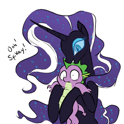 Size: 800x800 | Tagged: safe, artist:glacierclear, artist:glacierclear edits, edit, nightmare rarity, spike, dragon, female, frown, grin, hug, male, nightmare sparity, non-consensual cuddling, scared, shipping, simple background, smiling, sparity, straight, transparent background, wide eyes