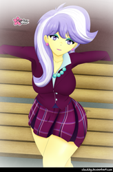 Size: 1057x1613 | Tagged: safe, artist:clouddg, upper crust, equestria girls, friendship games, big breasts, breasts, busty upper crust, clothes, crystal prep academy uniform, female, jewelry, looking at you, necklace, plaid skirt, pleated skirt, school uniform, signature, skirt, solo