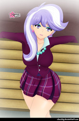 Size: 1048x1600 | Tagged: safe, alternate version, artist:clouddg, upper crust, human, equestria girls, friendship games, big breasts, breasts, busty upper crust, clothes, crystal prep academy uniform, human coloration, jewelry, necklace, plaid skirt, pleated skirt, school uniform, skirt