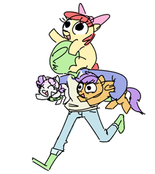 Size: 597x668 | Tagged: safe, artist:nobody, apple bloom, scootaloo, sweetie belle, oc, oc:anon, human, pony, carrying, cutie mark crusaders, holding a pony, piggyback ride, ponies riding humans, sketch