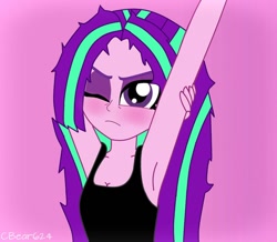 Size: 600x524 | Tagged: safe, artist:cbear624, aria blaze, equestria girls, armpits, blushing, clothes, loose hair, pink background, simple background, solo, stretching, tanktop, tired