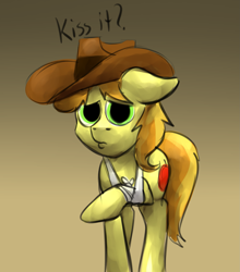 Size: 1761x2000 | Tagged: safe, artist:marsminer, braeburn, appleoosa's most wanted, broken leg, injured, pegasisterbait, pouting, sad, solo, that was fast