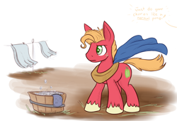 Size: 1100x750 | Tagged: safe, artist:heir-of-rick, big macintosh, earth pony, pony, daily apple pony, alternate hairstyle, cape, clothes, clothes line, implied applejack, laundry, male, solo, stallion