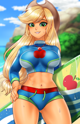 Size: 800x1237 | Tagged: safe, artist:racoonsan, color edit, edit, editor:drakeyc, applejack, equestria girls, equestria girls series, forgotten friendship, abs, adorasexy, applejack's hat, applejacked, applerack, beach, belly button, big breasts, breasts, clothes, colored, cowboy hat, cute, female, freckles, geode of super strength, hat, jackabetes, jewelry, looking at you, magical geodes, midriff, muscles, necklace, ocean, sand, sexy, skin color edit, solo, stupid sexy applejack, surfboard, swimsuit, thighs