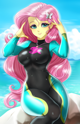 Size: 800x1237 | Tagged: safe, artist:racoonsan, color edit, edit, editor:drakeyc, fluttershy, equestria girls, equestria girls series, forgotten friendship, adorasexy, anime, barrette, beach, beach babe, beautiful, big breasts, blushing, breasts, clothes, cloud, colored, curvy, cute, equestria girls outfit, eyeshadow, female, geode of fauna, hairclip, hairpin, hootershy, jewelry, looking at you, magical geodes, makeup, necklace, sexy, shyabetes, sitting, skin color edit, skintight clothes, smiling, solo, stupid sexy fluttershy, swimsuit, wet, wetsuit