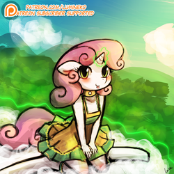 Size: 750x750 | Tagged: safe, artist:lumineko, sweetie belle, anthro, unguligrade anthro, unicorn, apple bloomers, blushing, clothes, cloud, cloudy, cute, diasweetes, dress, female, looking at you, magic, patreon, solo, sweetie belle's magic brings a great big smile, tongue out