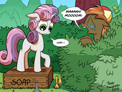 Size: 3500x2625 | Tagged: safe, artist:pony-berserker, button mash, sweetie belle, box, buttonbuse, eyes closed, floppy ears, frown, literal soapbox, open mouth, pun, raised hoof, soapbox, sweetie belle hates button, visual pun