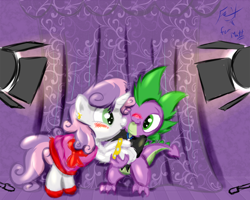 Size: 960x768 | Tagged: safe, artist:frist44, spike, sweetie belle, dragon, bipedal, clothes, cute, diasweetes, dress, female, kissing, male, prom, shipping, spikabetes, spikebelle, straight, tuxedo
