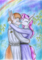 Size: 1961x2787 | Tagged: safe, artist:sinaherib, button mash, sweetie belle, anthro, breasts, crying, female, kissing, male, older, rain, rainbow, shipping, straight, sweetiemash, traditional art