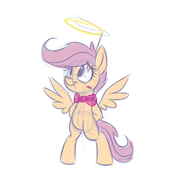 Size: 800x800 | Tagged: safe, artist:heir-of-rick, scootaloo, pony, bipedal, blushing, bowtie, halo, sketch, solo