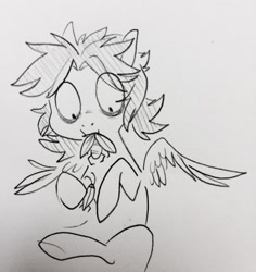 Size: 400x424 | Tagged: safe, artist:glacierclear, oc, oc only, oc:owl eyes, insect, pegasus, pony, eating, feather, messy mane, monochrome, sitting, solo, wide eyes