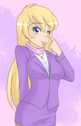 Size: 1280x1980 | Tagged: safe, artist:jonfawkes, ms. harshwhinny, human, :p, alternate hairstyle, clothes, cute, female, humanized, looking at you, ms. cutewhinny, one eye closed, silly, solo, tongue out, unprofessional, wink