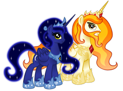 Size: 1280x943 | Tagged: safe, artist:aleximusprime, oc, oc only, oc:king solmidas, oc:queen chernalia, alicorn, pony, age of the alicorns, alicorn oc, ask accord, beard, crown, duo, ethereal mane, facial hair, female, hoof shoes, jewelry, male, mare, peytral, regalia, simple background, stallion, starry mane, transparent background