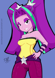 Size: 1024x1448 | Tagged: safe, artist:demonfox, aria blaze, equestria girls, bare shoulders, looking at you, sleeveless, solo, strapless