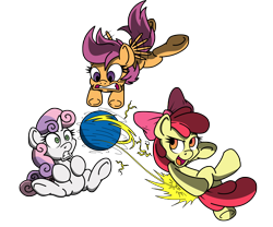 Size: 2400x2000 | Tagged: safe, artist:pananovich, apple bloom, scootaloo, sweetie belle, ball, cutie mark crusaders