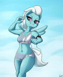 Size: 1800x2200 | Tagged: safe, artist:skecchiart, fleetfoot, anthro, pegasus, armpits, belly button, clothes, female, headphones, jogging, midriff, shorts, smiling, solo, sports bra, spread wings, wings