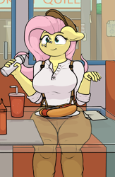 Size: 3437x5262 | Tagged: safe, artist:ljdamz1119, derpibooru import, fluttershy, anthro, big breasts, breasts, clothes, diner, floppy ears, food, hat, hootershy, hot dog, mayonnaise, meat, plump, sauce, sausage, shirt, sitting, soda, solo, suspenders