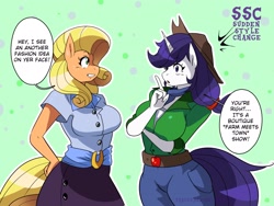 Size: 2409x1814 | Tagged: safe, artist:traupa, derpibooru import, applejack, rarity, anthro, alternate hairstyle, applerack, big breasts, breasts, clothes swap, cowboy hat, female, grin, hat, lesbian, mane swap, rarijack, raritits, rarity hair, shipping, smiling, style swap, sudden style change