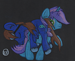 Size: 2115x1733 | Tagged: safe, artist:blastradiuss, oc, oc only, oc:gyro tech, oc:seaward skies, pegasus, pony, unicorn, colored pencil drawing, cute, gay, goggles, gyward, male, shipping, traditional art