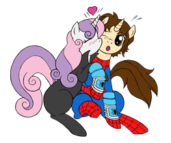 Size: 2930x2444 | Tagged: safe, artist:edcom02, artist:jmkplover, sweetie belle, blushing, catsuit, crossover, crossover shipping, heart, kissing, older, peter parker, ponified, simple background, spider-man, spiderbelle, spiders and magic iii: days of friendship past, spiders and magic: rise of spider-mane, transparent background