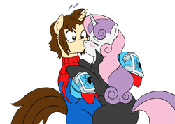Size: 3495x2488 | Tagged: safe, artist:edcom02, artist:jmkplover, sweetie belle, blushing, catsuit, crossover, crossover shipping, kissing, older, peter parker, ponified, simple background, spider-man, spiderbelle, spiders and magic iii: days of friendship past, spiders and magic: rise of spider-mane, transparent background