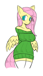 Size: 800x1400 | Tagged: safe, artist:tophattyranosaurusrex, derpibooru import, fluttershy, anthro, pegasus, arm behind back, big breasts, breasts, clothes, female, hootershy, simple background, smiling, solo, sweater, sweatershy, white background