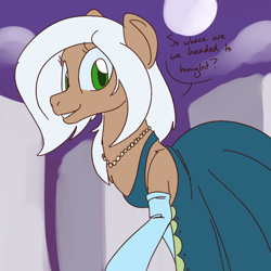 Size: 700x700 | Tagged: safe, artist:goat train, oc, oc only, oc:almond joy, city, clothes, dialogue, dress, gloves, looking at you, moon, necklace, solo