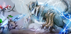 Size: 1300x621 | Tagged: safe, artist:foxinshadow, oc, pegasus, pony, arrow, bow (weapon), bow and arrow, crossover, hunter, lightning, monster hunter, shield, sword, weapon, zinogre