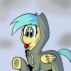 Size: 576x576 | Tagged: safe, artist:pembroke, sunshower raindrops, clothes, hoodie, solo, tongue out