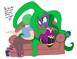 Size: 1113x853 | Tagged: safe, artist:shoutingisfun, mane-iac, oc, oc:anon, human, annoyed, anon's couch, bunny slippers, clothes, cute, mlpgdraws, pepsi, poking, prehensile mane, soda, sofa