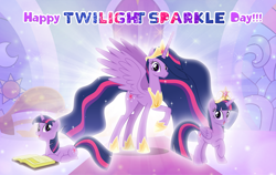 Size: 1280x807 | Tagged: safe, artist:andoanimalia, derpibooru import, princess twilight 2.0, twilight sparkle, twilight sparkle (alicorn), alicorn, the last problem, big crown thingy, book, element of magic, jewelry, regalia, twilight day, twilight sparkle day