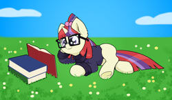 Size: 3500x2028 | Tagged: safe, alternate version, artist:kumakum, derpibooru import, moondancer, pony, unicorn, book, clothes, cute, dancerbetes, female, flower, frog (hoof), glasses, grass, mare, outdoors, reading, solo, sweater, underhoof