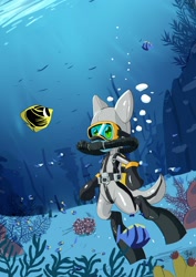 Size: 2150x3035 | Tagged: safe, artist:chef-cheiro, derpibooru import, oc, oc:sea glow, fish, pony, air tank, bubble, diving, diving suit, drysuit, flippers, hooded wetsuit, male, regulator, respirator, rubber, scuba, scuba diving, scuba gear, scuba mask, shiny, solo, stallion, swimming, underwater, wetsuit